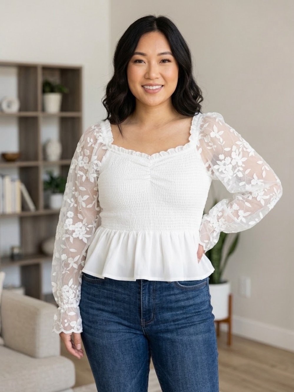 ARULA White Smocked Peplum Top with Floral Lace Sleeves